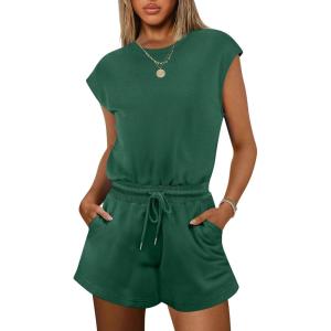 imageANRABESS Rompers for Women Summer 2025 Casual Cap Sleeve Crewneck Drawstring One Piece Jumpsuit Outfits with PocketsDeep Green