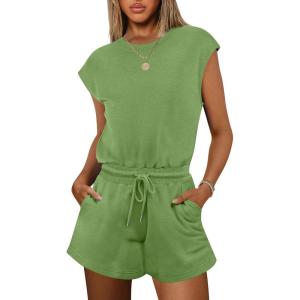 imageANRABESS Rompers for Women Summer 2025 Casual Cap Sleeve Crewneck Drawstring One Piece Jumpsuit Outfits with PocketsGrass
