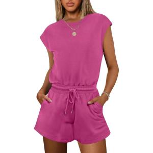 imageANRABESS Rompers for Women Summer 2025 Casual Cap Sleeve Crewneck Drawstring One Piece Jumpsuit Outfits with PocketsHot Pink