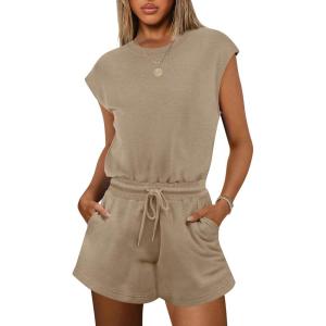 imageANRABESS Rompers for Women Summer 2025 Casual Cap Sleeve Crewneck Drawstring One Piece Jumpsuit Outfits with PocketsKhaiki