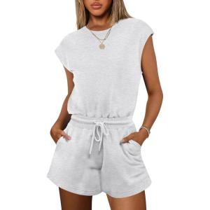 imageANRABESS Rompers for Women Summer 2025 Casual Cap Sleeve Crewneck Drawstring One Piece Jumpsuit Outfits with PocketsLight Grey