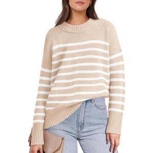imageANRABESS Women Fall Fashion Sweaters Striped Long Sleeve Crewneck Loose Fit Cozy Knit Trendy Pullover Sweater TopsBeige White Stripe