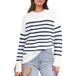 imageANRABESS Women Fall Fashion Sweaters Striped Long Sleeve Crewneck Loose Fit Cozy Knit Trendy Pullover Sweater TopsWhite Navy Blue