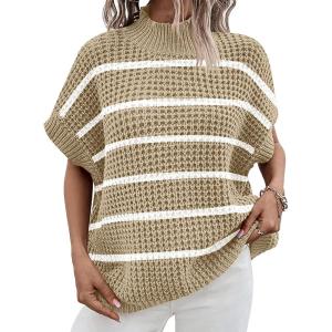 imageANRABESS Womens Oversized Short Batwing Sleeve Sweater Mock Neck Casual 2024 Summer Fall Knit Sleeveless Pullover Vest TopsApricot White Stripe