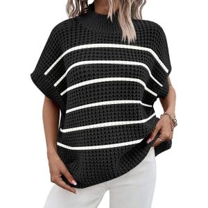 imageANRABESS Womens Oversized Short Batwing Sleeve Sweater Mock Neck Casual 2024 Summer Fall Knit Sleeveless Pullover Vest TopsBlack White Stripe