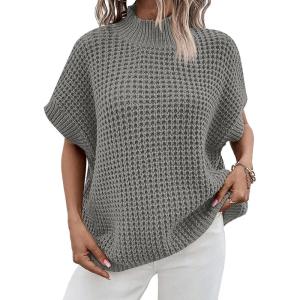 imageANRABESS Womens Oversized Short Batwing Sleeve Sweater Mock Neck Casual 2024 Summer Fall Knit Sleeveless Pullover Vest TopsGrey