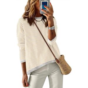 imageANRABESS Womens Sweaters Striped Color Block Long Sleeve Crewneck Casual Loose Knitted Pullover Shirts 2025 Fall Trendy TopsApricot White Grey