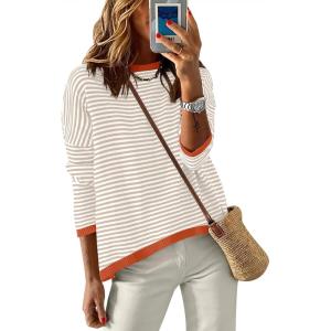 imageANRABESS Womens Sweaters Striped Color Block Long Sleeve Crewneck Casual Loose Knitted Pullover Shirts 2025 Fall Trendy TopsApricot White Orange