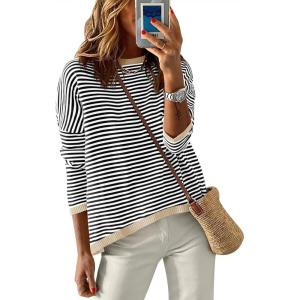 imageANRABESS Womens Sweaters Striped Color Block Long Sleeve Crewneck Casual Loose Knitted Pullover Shirts 2025 Fall Trendy TopsBlack White Apricot