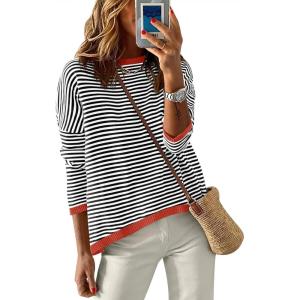 imageANRABESS Womens Sweaters Striped Color Block Long Sleeve Crewneck Casual Loose Knitted Pullover Shirts 2025 Fall Trendy TopsBlack White Orange