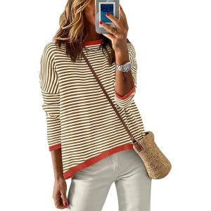 imageANRABESS Womens Sweaters Striped Color Block Long Sleeve Crewneck Casual Loose Knitted Pullover Shirts 2025 Fall Trendy TopsBrown White Orange