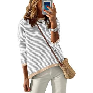 imageANRABESS Womens Sweaters Striped Color Block Long Sleeve Crewneck Casual Loose Knitted Pullover Shirts 2025 Fall Trendy TopsGrey White Apricot