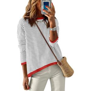 imageANRABESS Womens Sweaters Striped Color Block Long Sleeve Crewneck Casual Loose Knitted Pullover Shirts 2025 Fall Trendy TopsGrey White Orange