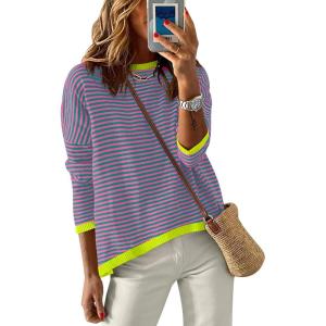 imageANRABESS Womens Sweaters Striped Color Block Long Sleeve Crewneck Casual Loose Knitted Pullover Shirts 2025 Fall Trendy TopsPink Green