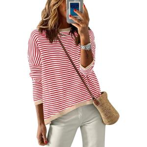 imageANRABESS Womens Sweaters Striped Color Block Long Sleeve Crewneck Casual Loose Knitted Pullover Shirts 2025 Fall Trendy TopsRed White Apricot
