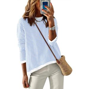 imageANRABESS Womens Sweaters Striped Color Block Long Sleeve Crewneck Casual Loose Knitted Pullover Shirts 2025 Fall Trendy TopsWhite Blue