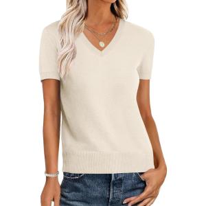 imageANRABESS Womens Wool Blend Tops Short Sleeve V Neck Soft Business Dressy Casual Pullover Sweater 2025 Trendy OutfitsBeige