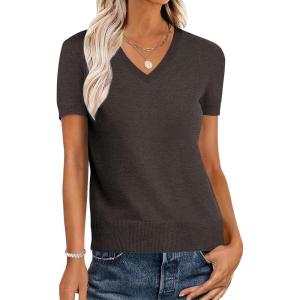 imageANRABESS Womens Wool Blend Tops Short Sleeve V Neck Soft Business Dressy Casual Pullover Sweater 2025 Trendy OutfitsDark Brown