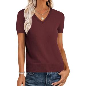imageANRABESS Womens Wool Blend Tops Short Sleeve V Neck Soft Business Dressy Casual Pullover Sweater 2025 Trendy OutfitsDark Red