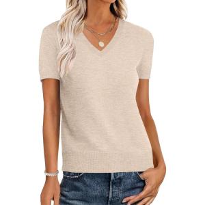 imageANRABESS Womens Wool Blend Tops Short Sleeve V Neck Soft Business Dressy Casual Pullover Sweater 2025 Trendy OutfitsLight Khaki