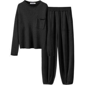 imageANRABESS Womens Two Piece Outfits Long Sleeve Knit Top Fall Sweater Set Oversized Pants Tracksuit Lounge SetsBlack