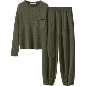 imageANRABESS Womens Two Piece Outfits Long Sleeve Knit Top Fall Sweater Set Oversized Pants Tracksuit Lounge SetsDeep Army Green