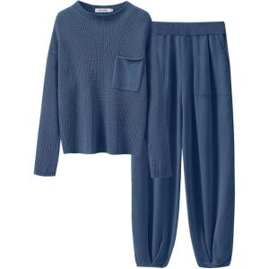 imageANRABESS Womens Two Piece Outfits Long Sleeve Knit Top Fall Sweater Set Oversized Pants Tracksuit Lounge SetsIndigo