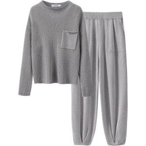 imageANRABESS Womens Two Piece Outfits Long Sleeve Knit Top Fall Sweater Set Oversized Pants Tracksuit Lounge SetsLight Grey