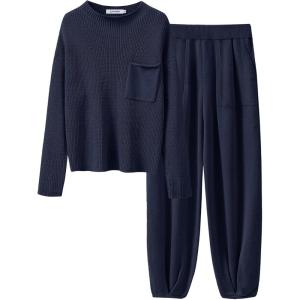 imageANRABESS Womens Two Piece Outfits Long Sleeve Knit Top Fall Sweater Set Oversized Pants Tracksuit Lounge SetsNavy Blue