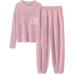 imageANRABESS Womens Two Piece Outfits Long Sleeve Knit Top Fall Sweater Set Oversized Pants Tracksuit Lounge SetsPink