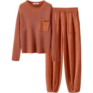 imageANRABESS Womens Two Piece Outfits Long Sleeve Knit Top Fall Sweater Set Oversized Pants Tracksuit Lounge SetsRust