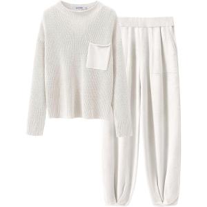 imageANRABESS Womens Two Piece Outfits Long Sleeve Knit Top Fall Sweater Set Oversized Pants Tracksuit Lounge SetsWhite