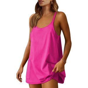 imageANRABESS Women Athletic Dress Summer Tennis Workout Active Sports Mini Romper Dress Built in Shorts Travel Vacation ClothesHot Pink