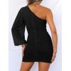 imageANRABESS Women One Shoulder Ruched Bodycon Mini Dress Puff Long Sleeve Sexy Cocktail Party Formal Wedding Guest Short DressBlack