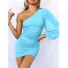 imageANRABESS Women One Shoulder Ruched Bodycon Mini Dress Puff Long Sleeve Sexy Cocktail Party Formal Wedding Guest Short DressLake