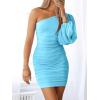 imageANRABESS Women One Shoulder Ruched Bodycon Mini Dress Puff Long Sleeve Sexy Cocktail Party Formal Wedding Guest Short DressLake