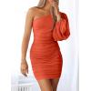 imageANRABESS Women One Shoulder Ruched Bodycon Mini Dress Puff Long Sleeve Sexy Cocktail Party Formal Wedding Guest Short DressOrange