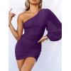 imageANRABESS Women One Shoulder Ruched Bodycon Mini Dress Puff Long Sleeve Sexy Cocktail Party Formal Wedding Guest Short DressPurple