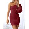imageANRABESS Women One Shoulder Ruched Bodycon Mini Dress Puff Long Sleeve Sexy Cocktail Party Formal Wedding Guest Short DressWine Red