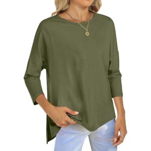 imageANRABESS Womens 34 Length Sleeve Tops Loose Fit Tunic Shirts Oversized Spring Summer Casual Crew Neck Basic Boxy TeeArmy Green
