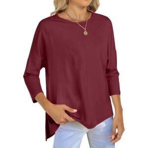 imageANRABESS Womens 34 Length Sleeve Tops Loose Fit Tunic Shirts Oversized Spring Summer Casual Crew Neck Basic Boxy TeeBurgundy
