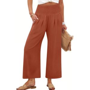 imageANRABESS Womens Pants Wide Leg High Waisted Palazzo Pants Summer Flowy Beach Lounge Casual Trousers with PocketsBrick