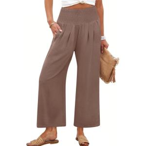 imageANRABESS Womens Pants Wide Leg High Waisted Palazzo Pants Summer Flowy Beach Lounge Casual Trousers with PocketsCoffee