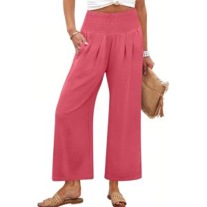 imageANRABESS Womens Pants Wide Leg High Waisted Palazzo Pants Summer Flowy Beach Lounge Casual Trousers with PocketsCoral