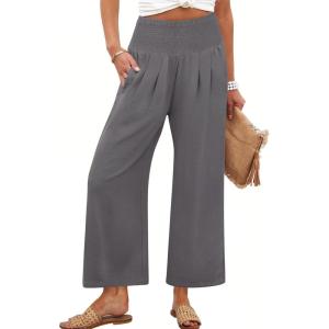 imageANRABESS Womens Pants Wide Leg High Waisted Palazzo Pants Summer Flowy Beach Lounge Casual Trousers with PocketsGrey
