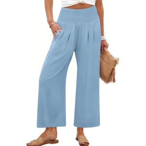 imageANRABESS Womens Pants Wide Leg High Waisted Palazzo Pants Summer Flowy Beach Lounge Casual Trousers with PocketsSky