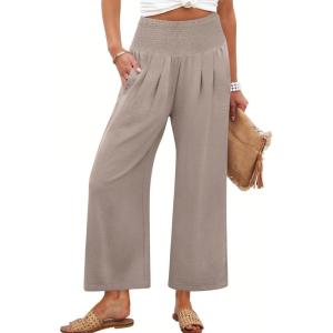 imageANRABESS Womens Pants Wide Leg High Waisted Palazzo Pants Summer Flowy Beach Lounge Casual Trousers with PocketsWheet