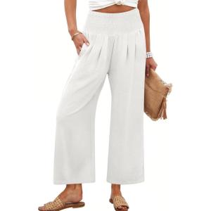 imageANRABESS Womens Pants Wide Leg High Waisted Palazzo Pants Summer Flowy Beach Lounge Casual Trousers with PocketsWhite