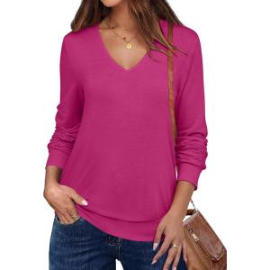 imageANRABESS Womens Long Sleeve Shirts Casual Loose V Neck Basic Tees Tops 2025 Fall TShirt OutfitsHot Pink