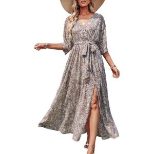 imageANRABESS Womens Summer Loose Boho Flowy Wrap V Neck 34 Sleeve Floral Print Slit Beach Wedding Guest Long Maxi DressesConch